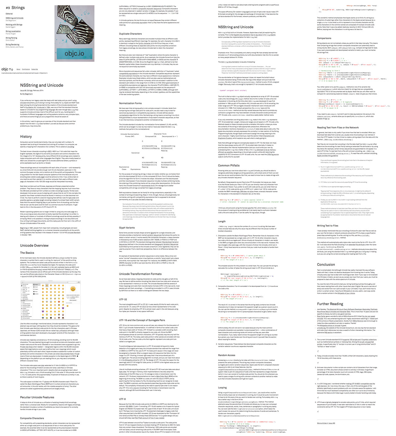 Screenshot of my article on Unicode and NSString for objc.io #9